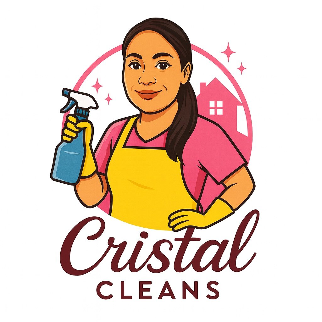 The logo of the Cristal Cleans company, showing a woman holding a spray bottle and dressed in an apron.